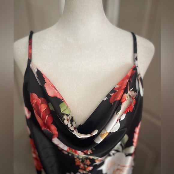 Bebe vintage black, red, cream, green floral midi cowl neckline slip dress. XL. - Picture 2 of 9
